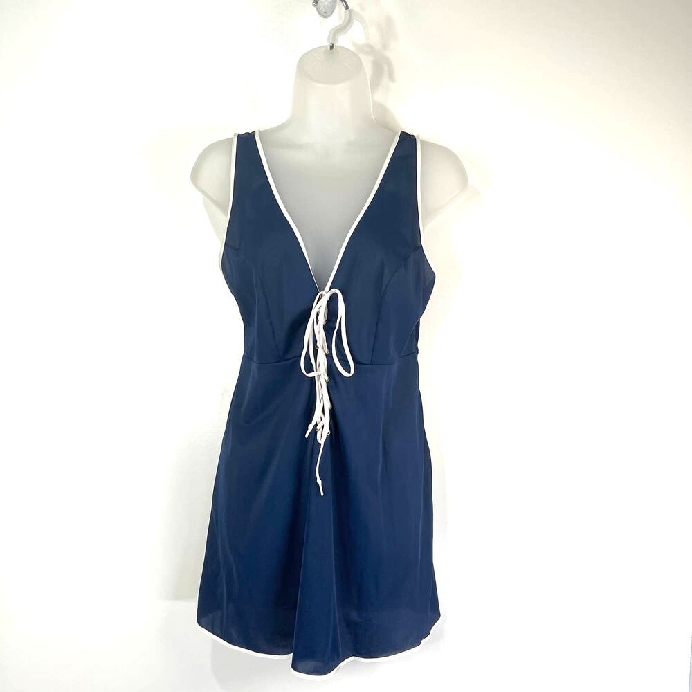 Vintage 70s Avian Swimsuit Two Piece Navy Blue Bathing Suit